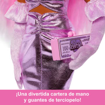 Muñeca Barbie Deluxe Style N.1 Con Vestido Barbiecore En Rosa Brillante Con Guantes De Terciopelo Y Pelo Rosa - Bild 3 von 6