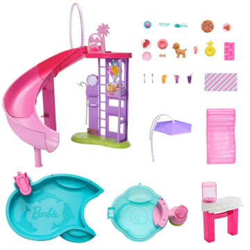 Barbie Dream Pool Playset With Slide & Bubbling Hot Tub, 20+ Accessories Including Pet, Floaties & More - Image 2 of 6