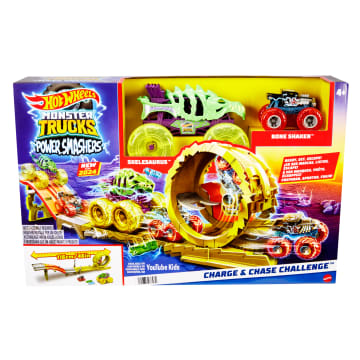 Hot Wheels Monster Trucks Power Smashers Charge & Chase Challenge Track Set With Oversized Skelesaurus, 1:64 Scale Bone Shaker & 2 Crushed Cars - Image 6 of 6