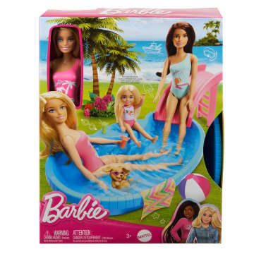 Conjunto De Juego De Piscina Y Muñeca Barbie Con Muñeca Rubia, Piscina, Tobogán, Toalla Y Bebidas - Image 6 of 6