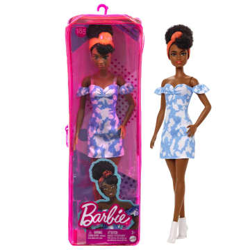 Barbie Fashionistas Puppe Im Schulterfreien Gebleichten Jeanskleid, Schwarze Haare, Bandana, Für Kinder Von 3 Bis 8 Jahren - Image 1 of 7