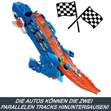 Der Hot Wheels City Ultimative Transporter Verwandelt Sich In Einen T-Rex Mit Rennstrecke, Aufbewahrung Von Mehr Als 20 Autos - Bild 7 von 9