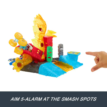 Hot Wheels Monster Trucks Power Smashers 5-Alarm Torch Tower Takedown Playset With 1:64 Scale Toy Truck & 2 Crushed Cars - Image 3 of 6