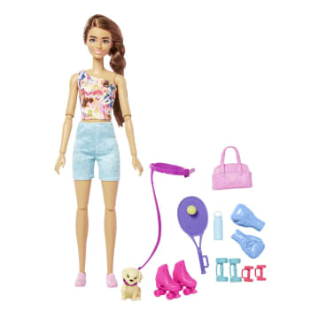 Yavru Köpeği, Spor Kıyafetleri, Patenleri Ve Tenis Raketiyle Barbie Bebek - Imagen 1 de 7