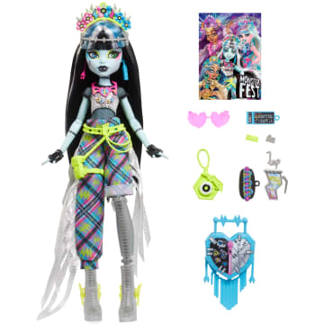 Muñeca De Frankie Stein Del Monster Fest De Monster High Con Atuendo Festivalero, Póster De Un Grupo Y Accesorios - Imagen 5 de 6