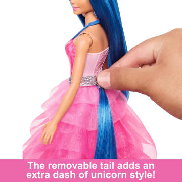 Barbie Unicorn Toy, 65th Anniversary Doll with Blue Hair, Pink Gown & Pet Alicorn - Image 4 of 6