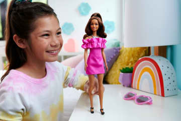 Barbie Fashionistas Doll #217 with Brown Wavy Hair & Pink Dress, 65th Anniversary - Image 2 of 6