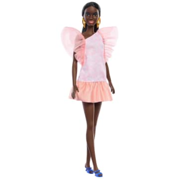 Barbie Fashionistas Puppe Nr. 216 Mit Großem Körperbau, Schwarzen Glatten Haaren Und Apricotfarbenem Kleid, 65-Jähriges Jubiläum - Imagen 4 de 6