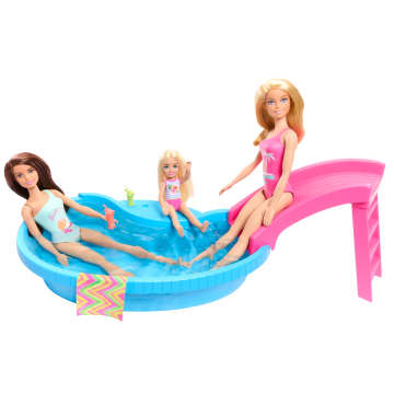 Barbie-Puppe Und Pool Spielset, Blonde Puppe Mit Pool, Rutsche, Handtuch Und Getränke-Accessoires - Image 3 of 6