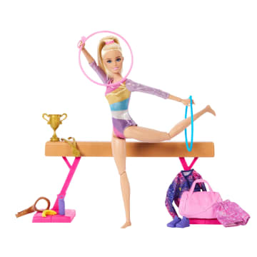 Barbie Turnen Speelset Met Blonde Modepop, Evenwichtsbalk, 10+ Accessoires En Saltofunctie - Imagen 1 de 6