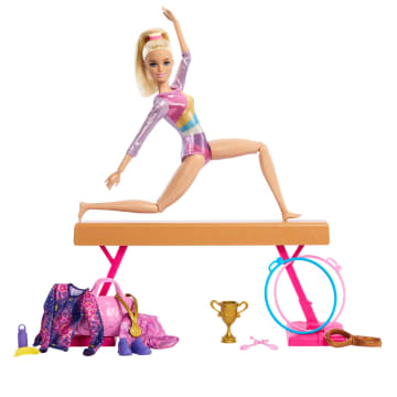 Barbie Turnen Speelset Met Blonde Modepop, Evenwichtsbalk, 10+ Accessoires En Saltofunctie - Imagen 5 de 6