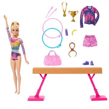 Barbie Turnen Speelset Met Blonde Modepop, Evenwichtsbalk, 10+ Accessoires En Saltofunctie - Imagen 2 de 6