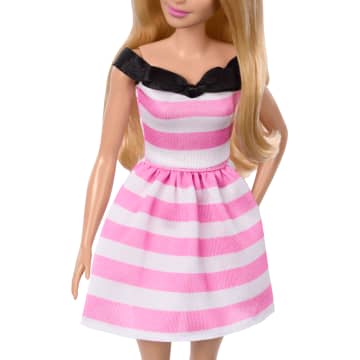Barbie-Modepuppe Mit Blonden Haaren Zum Feier Des 65-Jährigen Jubiläums, Pink Gestreiftes Kleid Und Accessoires - Image 3 of 6
