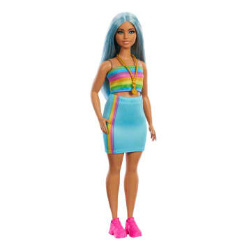 Muñeca Barbie Fashionistas N. 218 Con Pelo Azul, Top De Arcoíris Y Falda Turquesa, 65. Aniversario - Image 1 of 6