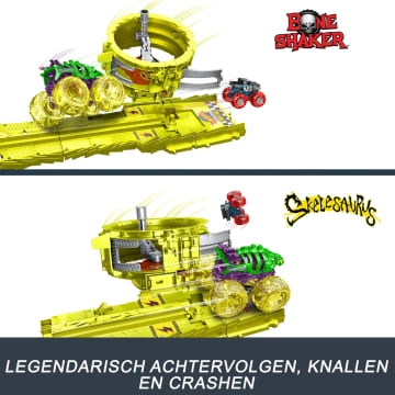 Hot Wheels Monstertrucks Powerkrakers Racen En Achtervolgen, Met Oversized Skelesaurus, Bottenschudder (Schaal 1:64) En 2 Pletbare Auto'S - Bild 4 von 4