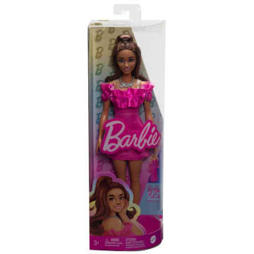 Barbie Fashionistas Doll #217 with Brown Wavy Hair & Pink Dress, 65th Anniversary - Image 6 of 6