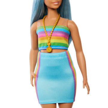 Muñeca Barbie Fashionistas N. 218 Con Pelo Azul, Top De Arcoíris Y Falda Turquesa, 65. Aniversario - Imagen 5 de 6