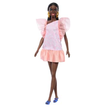 Barbie Fashionistas Puppe Nr. 216 Mit Großem Körperbau, Schwarzen Glatten Haaren Und Apricotfarbenem Kleid, 65-Jähriges Jubiläum - Imagen 1 de 6