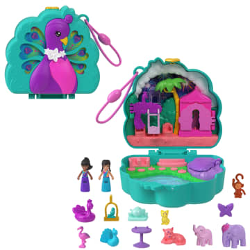 Compacto Mundo Sorpresa Pavo Real De Polly Pocket Con 2 Muñequitas Y Mascotas, Juguete De Viaje Con Accesorios De Animales - Image 1 of 6