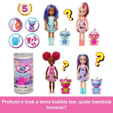 Barbie Chelsea Pop Reveal Serie Bubble Tea, Bambola In Una Confezione Ispirata Alle Scatole Da Tè Con 5 Sorprese, Profumata (I Modelli Possono Variare) - Image 3 of 5