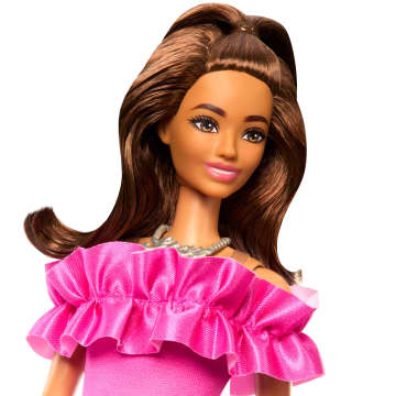 Barbie Fashionistas Doll #217 with Brown Wavy Hair & Pink Dress, 65th Anniversary - Image 3 of 6