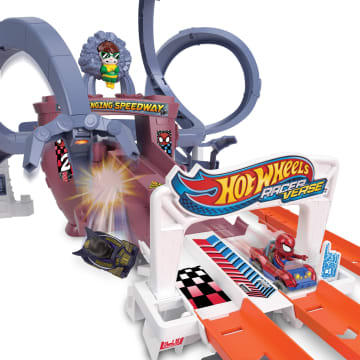 Hot Wheels Racerverse Spider-Mans Wirwarrende Racebaan, Baanset Met 2 Hot Wheels Racewagens - Imagen 5 de 6