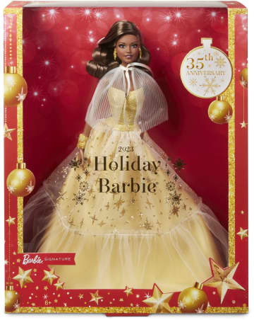 Barbie Magia delle Feste 2023 bambola regalo per le feste abito dorato e capelli castano scuro regalo per collezionisti HJX05 MATTEL