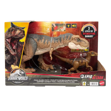 Dos Dinosaurios De Juguete De Jurassic World Con Tiranosaurio Rex Y Velocirraptor Con Danos Durante La Batalla