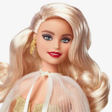 Feestelijke Barbie Pop 2023, Seizoensgebonden Cadeau Voor Verzamelaars, Goudkleurige Japon En Blond Haar - Image 2 of 5