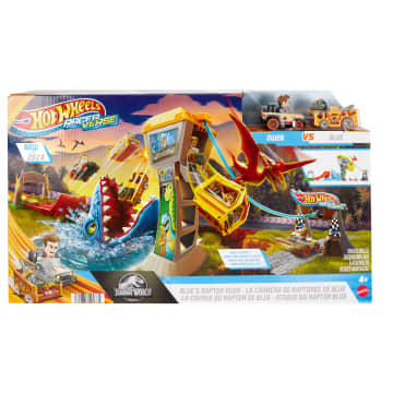 Hot Wheels Racerverse Jurassic World Blue'S Raptor Rit Baanset Met 2 Metalen Auto'S - Imagen 6 de 6