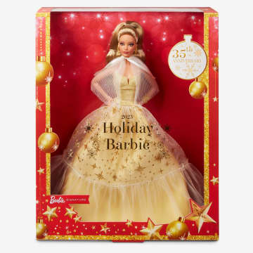 Feestelijke Barbie Pop 2023, Seizoensgebonden Cadeau Voor Verzamelaars, Goudkleurige Japon En Lichtbruin Haar - Image 1 of 6