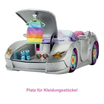Barbie Extra Glitzer Cabrio silbernes Auto mit rollenden Radern Hundchen und Accessoires