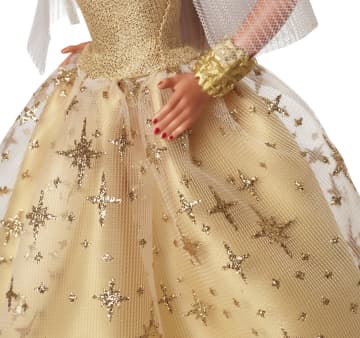 Feestelijke Barbie Pop 2023, Seizoensgebonden Cadeau Voor Verzamelaars, Goudkleurige Japon En Lichtbruin Haar - Image 3 of 6