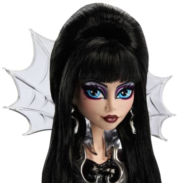Monster High Elvira Collector Doll in Black Faux Leather Dress With Silvery Cape And Accessories - Image 5 of 6