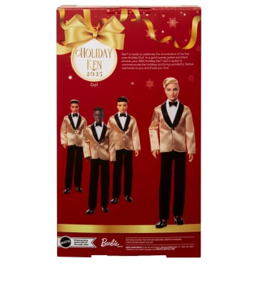 Barbie Signature 2025 Holiday Blonde Ken Collectible Fashion Doll Wearing Full Suit With Golden Jacket - Image 6 of 6