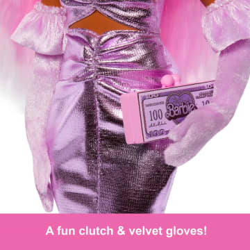 Barbie Deluxe Style Doll #1 in Glossy Pink Barbiecore Dress With Velvet Gloves, Pink Hair - Image 3 of 6