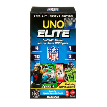 UNO Elite NFL Card Game 2025 Alt Jerseys Edition Starter Pack With 4 Booster Packs & 2 Promo Cards - Image 1 of 6