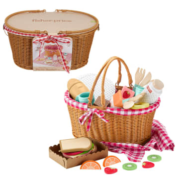 Fisher-Price Wood Pretend Play Toy Picnic Basket, 31-Piece Wooden Food Playset For Preschool Kids Ages 3+ Years - Image 1 of 6