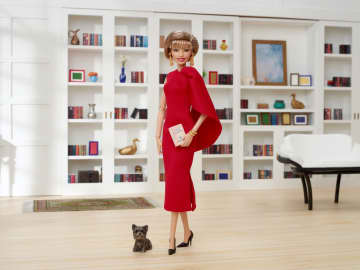 Barbie Inspiring Women Collectible Doll, Isabel Allende in Red Dress & Book Accessory & Pet - Image 2 of 6