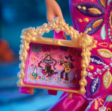2023 Día De Muertos Barbie Doll Wearing Ruffled Pink Gown And Holding Tiny Ofrenda, Barbie Signature - Image 4 of 6