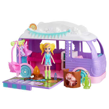 Polly Pocket Glamping Camper Van, Doll & Pet Playset, Camping & Food Accessories, Travel Toy - Imagen 1 de 6