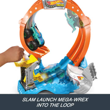 Hot Wheels Monster Trucks Corkscrew Shark Smash Track Set & 1:64 Scale MEGA-Wrex Toy Truck - Image 3 of 6
