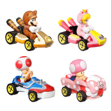 Hot Wheels Mario Kart Vehículo de Juguete Paquete de 4 con Tanooki Mario, Toad, Cat Peach y Toadette - Imagen 3 de 6
