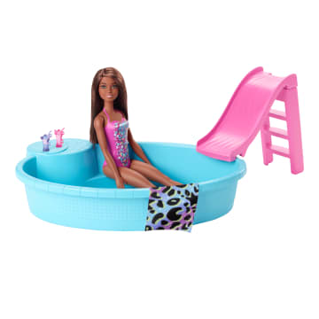 Barbie Doll And Pool Playset With Slide And Accessories, Brunette in Pink Swimsuit