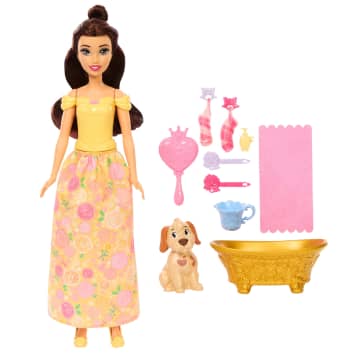 Disney Princess Bathe & Brush Belle Fashion Doll & Dog Figure With Color Change & Accessories - Imagen 5 de 6