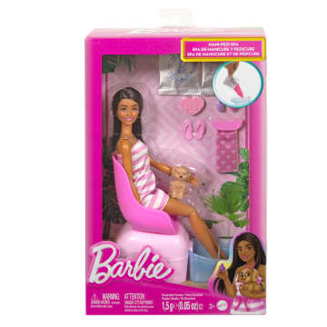 Barbie Mani-Pedi Spa Playset With Brunette Fashion Doll, Puppy & 7 Accessories, Color-Change Feature - Image 6 of 6