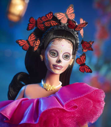 2023 Día De Muertos Barbie Doll Wearing Ruffled Pink Gown And Holding Tiny Ofrenda, Barbie Signature - Image 3 of 6