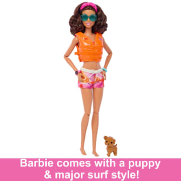 Barbie Doll With Surfboard And Puppy, Poseable Brunette Barbie Beach Doll - Imagen 5 de 6