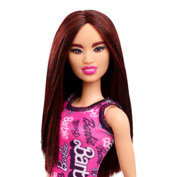 Barbie Fashion Doll With Dark Burgundy Hair Wearing Removable Pink Dress & Shoes With Logo Print - Image 2 of 5