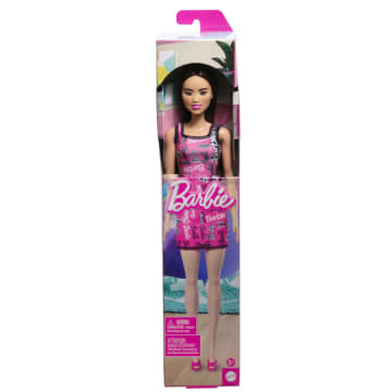 Barbie Fashion Doll With Dark Burgundy Hair Wearing Removable Pink Dress & Shoes With Logo Print - Image 5 of 5